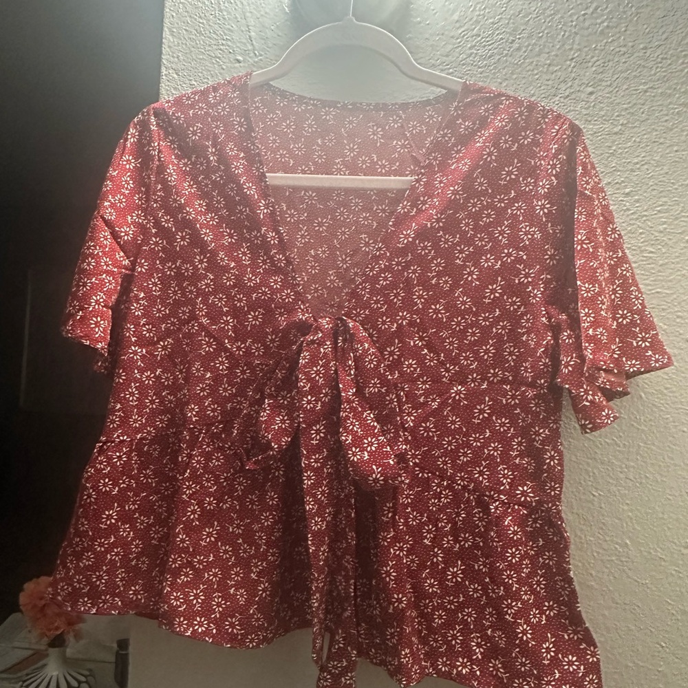 Floral Red Tie-Front Blouse